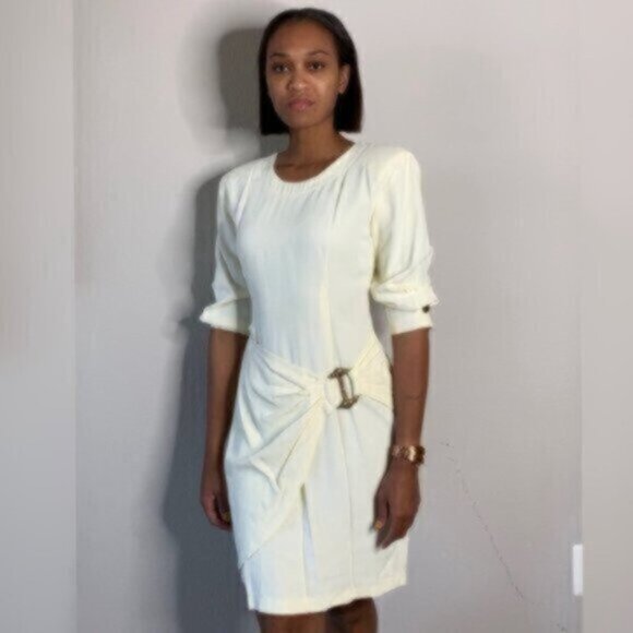 La Belle 80s Vintage Ruched Knee Length Gold Ascent Dress - Picture 3 of 15